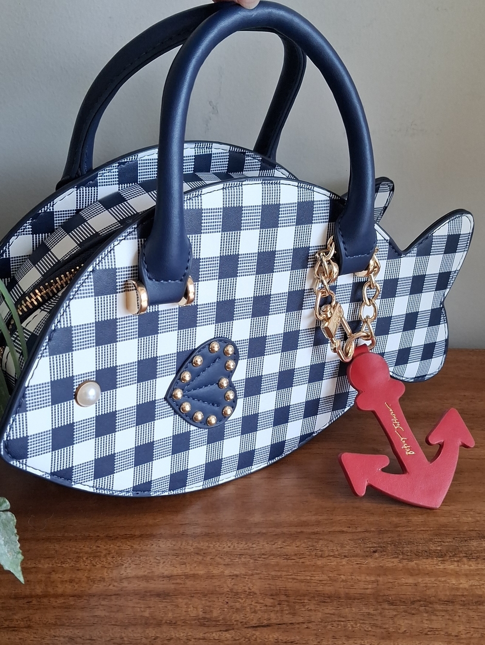 Betsey Johnson Navy & White Gingham Fish Satchel Crossbody Bag